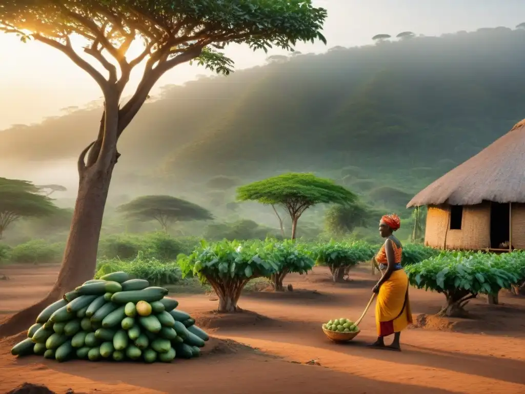 Mujeres cosechan frutas de kigelia africana en aldea africana al atardecer