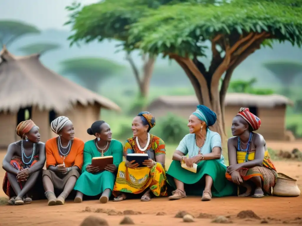 Mujeres de distintas generaciones debajo de un árbol en una aldea africana, discutiendo animadamente