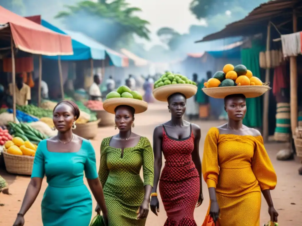 Mujeres guineanas en mercado vibrante, reflejando la influencia global de Guinea