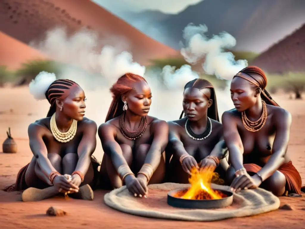 Mujeres Himba en Namibia realizando rituales de purificación con humo en el desierto africano