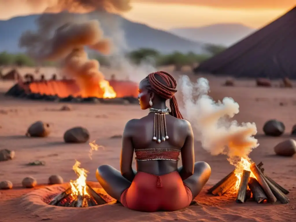 Mujeres Himba en Namibia realizando rituales de purificación alrededor de una hoguera, paisaje africano al atardecer