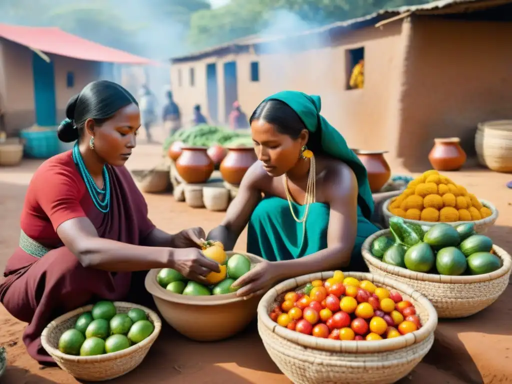 Mujeres indígenas en un mercado africano, preservando alimentos con técnicas ancestrales