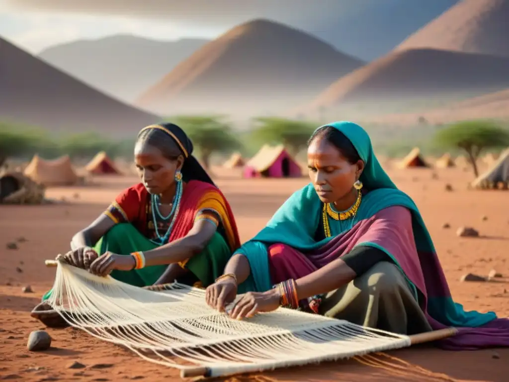 Mujeres indígenas tejiendo bajo el sol en África