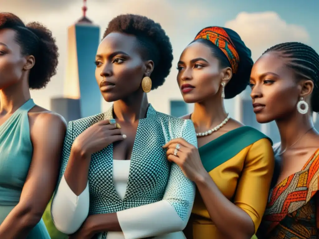 Mujeres líderes diáspora africana unidas en fuerza y determinación, vistiendo colores vibrantes y expresando empoderamiento