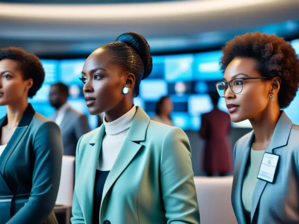 Mujeres líderes diáspora africana colaborando en conferencia tecnológica, innovación y empoderamiento