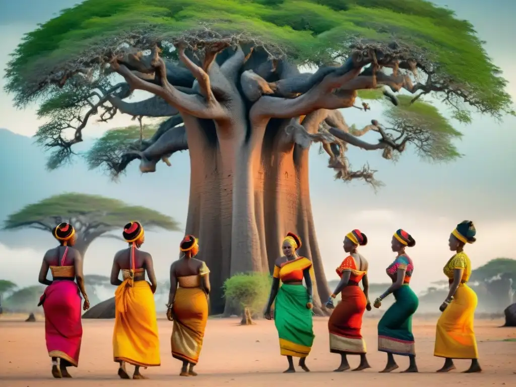 Mujeres locales danzando bajo baobabs en el exuberante Archipiélago Islas Bijagos, reflejando la rica cultura y naturaleza