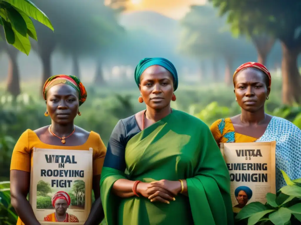 Mujeres de Guinea Bissau en lucha por la independencia, orgullosas y determinadas en paisaje colorido