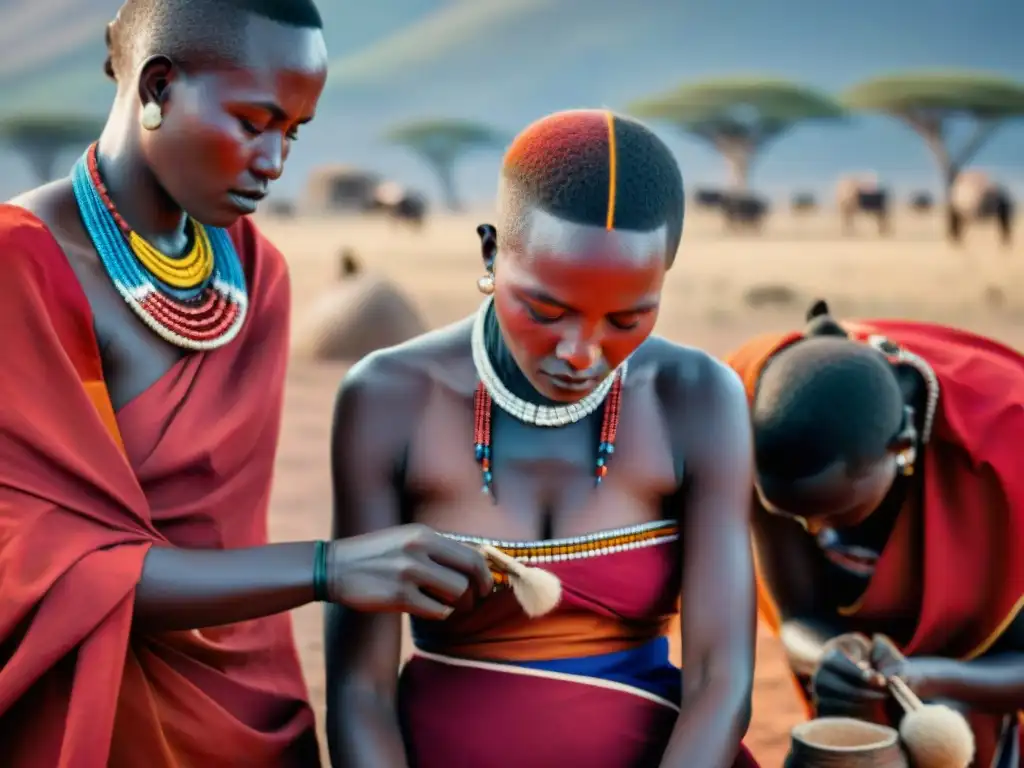 Mujeres Maasai aplicando pigmento rojo en la piel, con cosmética tradicional en África