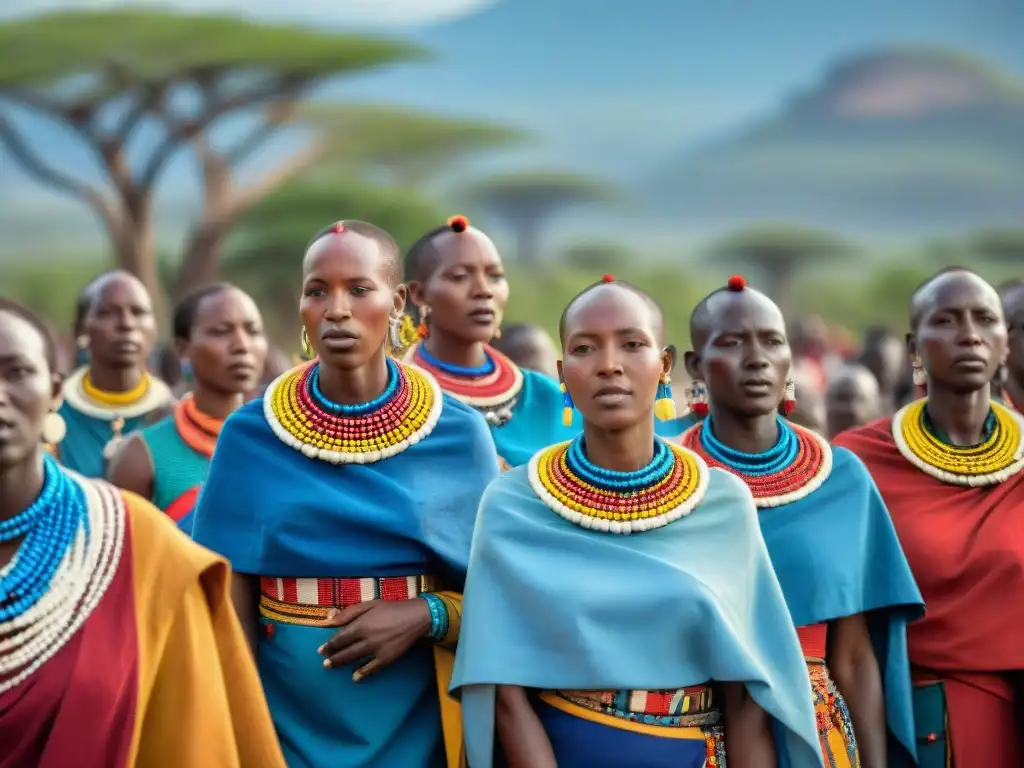 Mujeres Maasai en trajes tradicionales cantando y bailando en una boda africana, celebrando los Rituales Matrimonio Tradicionales Africanos