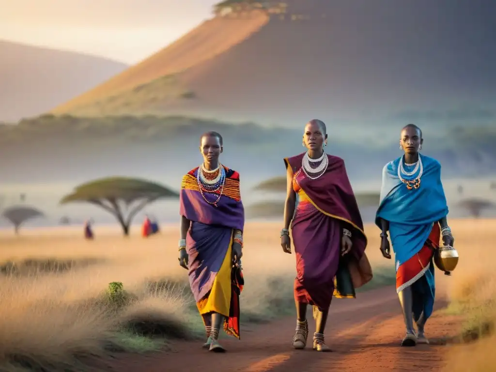 Mujeres Masai en atuendos tradicionales caminando con gracia y fuerza en la sabana al atardecer, moda como declaración clase género África