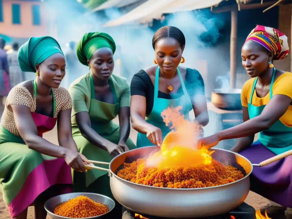 Mujeres preparando jollof rice en mercado africano: platos africanos de resistencia