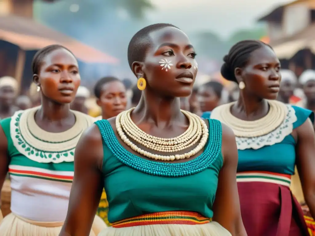 Mujeres Ewe danzando en mercado de Togo con patrones tribales blancos en sus rostros