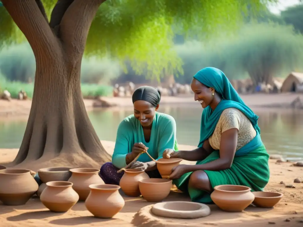 Mujeres nubias creando cerámica bajo acacia a orillas del Nilo, reflejando la fuerza femenina en la sociedad egipcia y nubia