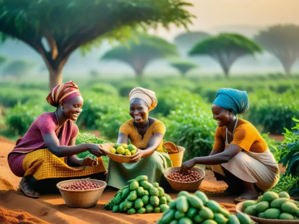 Mujeres en África cosechando nueces de shea bajo el sol dorado, resaltando la belleza natural y cultural del aceite de Shea