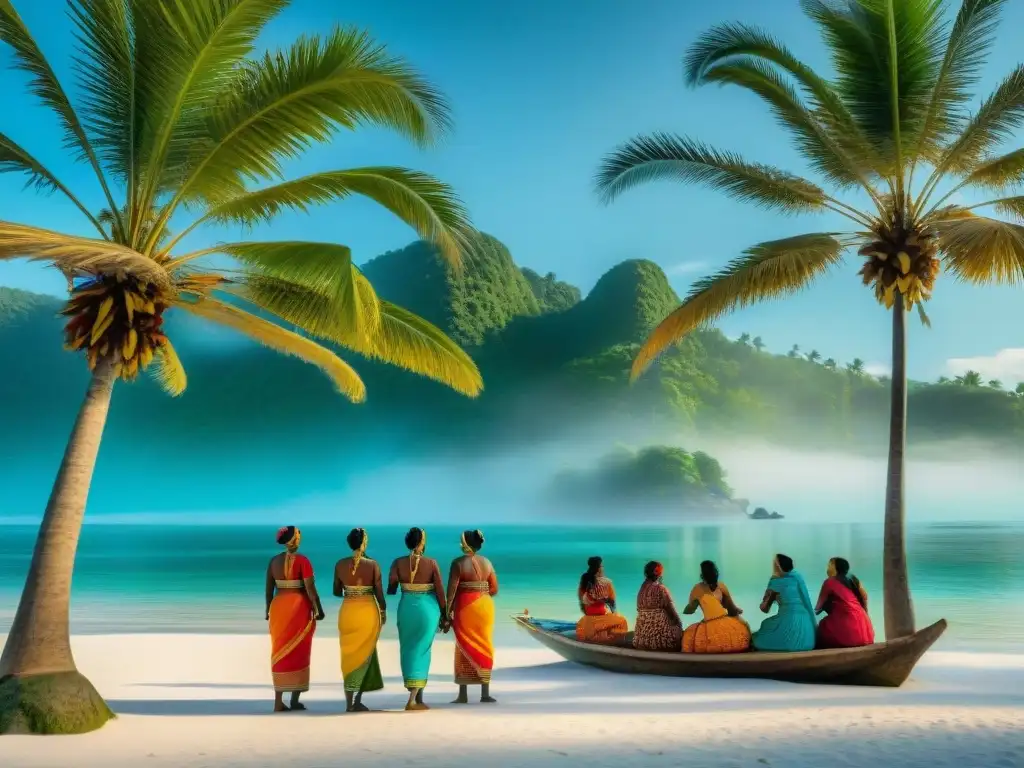 Mujeres bailando en la playa de las Islas Bijagos, vistiendo trajes coloridos y danzando al ritmo de tambores, con el archipiélago de fondo