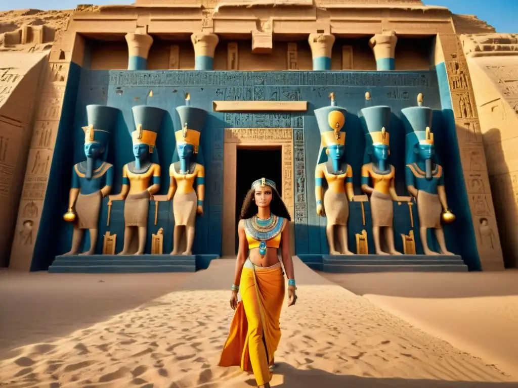 Mujeres poderosas del Nilo: Temple de Hathor en Dendera con mujeres nubias sabias y regias, bajo la cálida luz dorada del atardecer