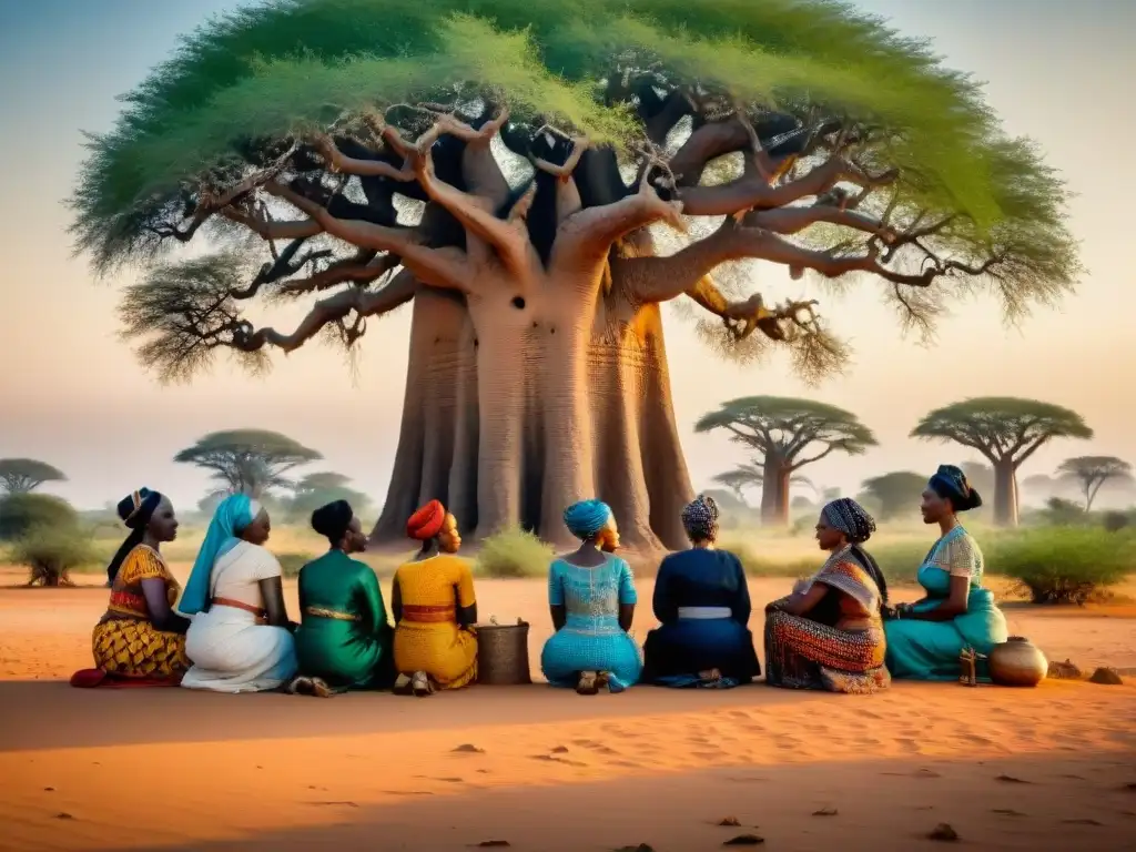 Mujeres poderosas en el Sahel discuten estrategias bajo un baobab, irradiando sabiduría y autoridad