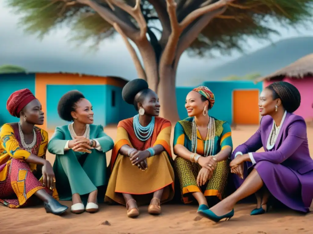 Mujeres poderosas de África compartiendo historias bajo un árbol, líderes del mañana