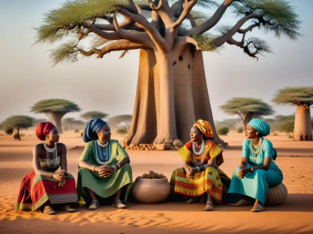 Mujeres poderosas en el Sahel debatiendo bajo un imponente baobab, expresando determinación y sabiduría