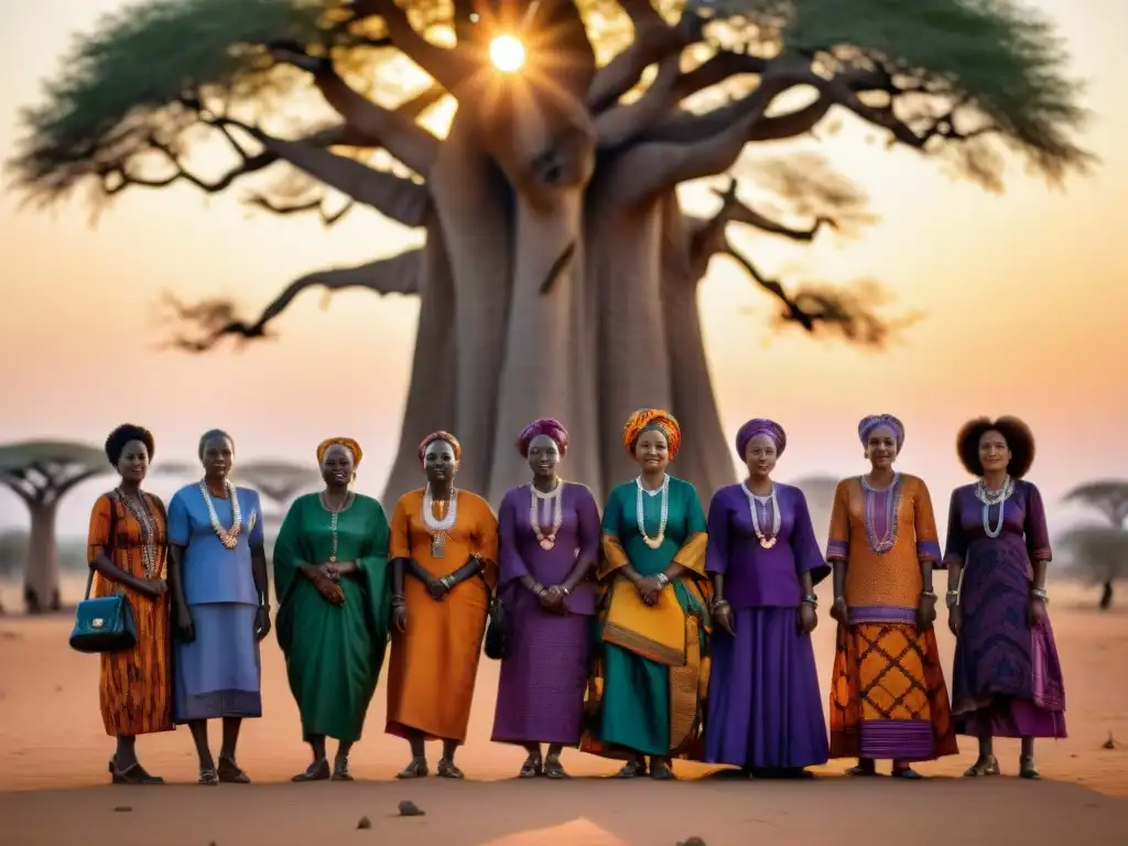 Mujeres poderosas en el Sahel reunidas bajo un baobab, vistiendo trajes vibrantes y mostrando confianza y fuerza