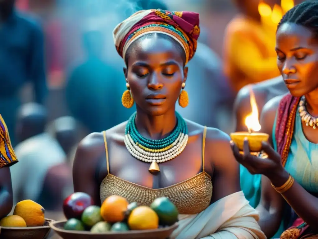 Mujeres en prácticas espirituales africanas, ceremonia vibrante de colores, ofrendas y concentración en un mercado