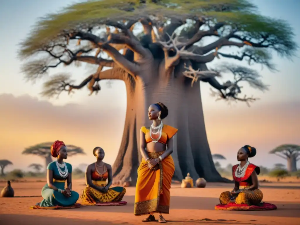 Mujeres en prácticas espirituales africanas bajo baobab al atardecer, danzando y cantando con devoción y empoderamiento