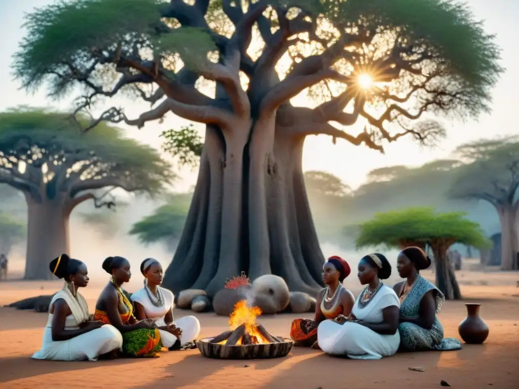 Mujeres en prácticas espirituales africanas bajo baobab, en ceremonia con frutas y flores, creando atmósfera mística