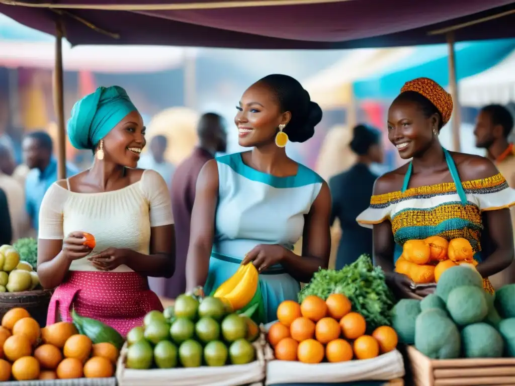 Empoderadas emprendedoras africanas en mercado vibrante Mujeres en redes comerciales africanas negociando en animado mercado de frutas y verduras