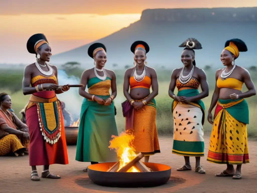 Mujeres en reinos del sur danzan alrededor del fuego, vistiendo trajes vibrantes en ceremonias tradicionales