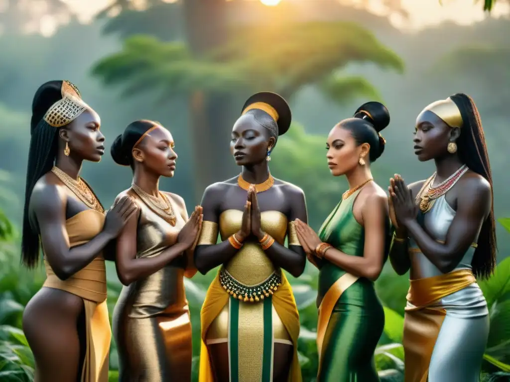 Mujeres en religiones africanas realizan ceremonia espiritual al atardecer en un bosque sagrado