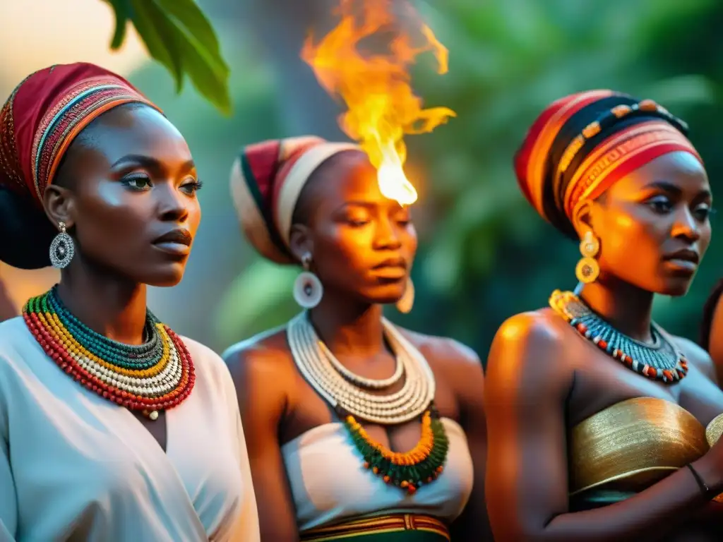 Mujeres en religiones africanas participando en colorida ceremonia al atardecer