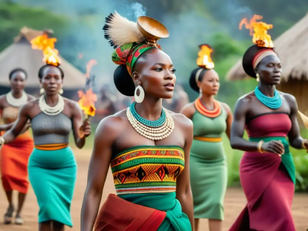 Mujeres en religiones africanas danzando alrededor del fuego sagrado en una aldea rural, vistiendo coloridos trajes tradicionales y joyas elaboradas