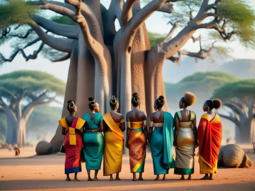 Mujeres en religiones africanas realizan un ritual sagrado bajo un baobab, vistiendo coloridos trajes tradicionales