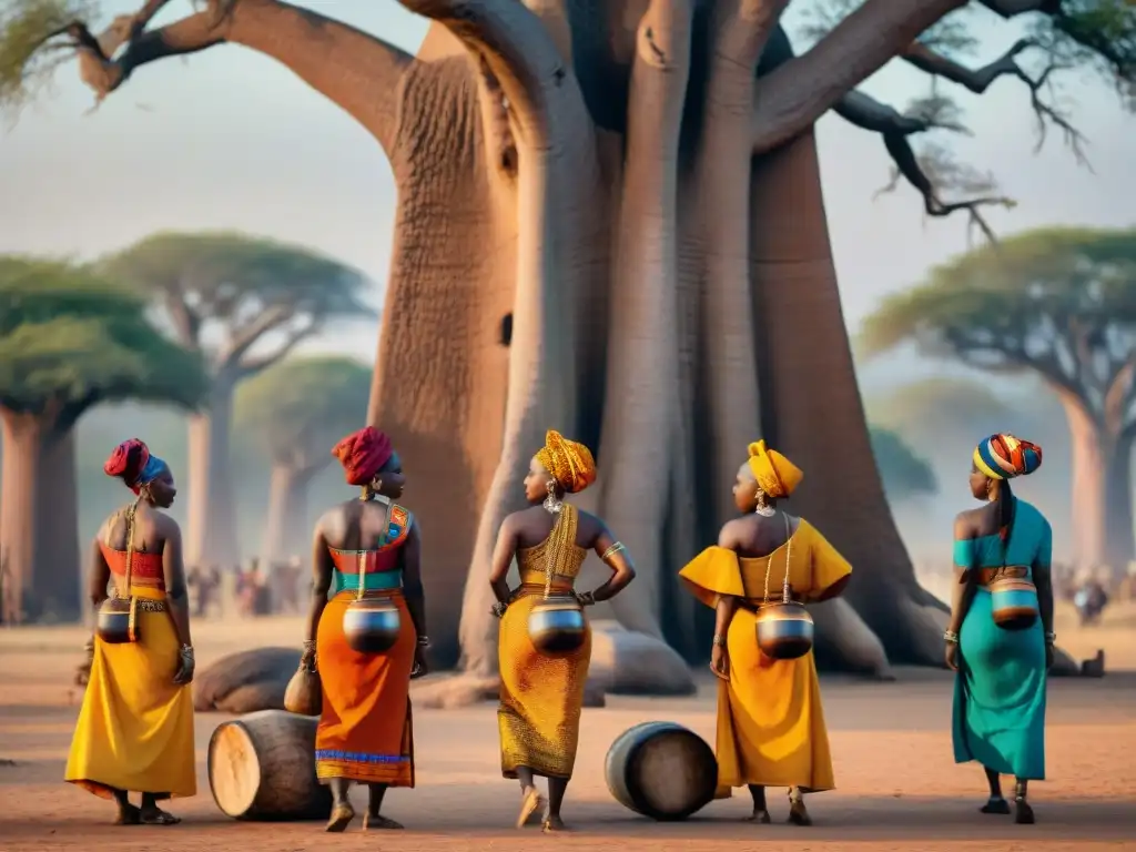 Mujeres en religiones africanas participando en un ritual sagrado bajo un baobab ancestral al atardecer, expresando reverencia y empoderamiento