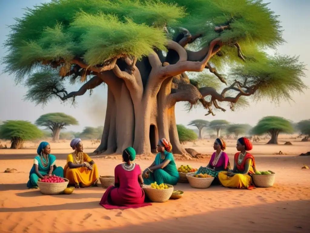 Mujeres en Sahel discuten bajo baobab, mostrando riqueza cultural y empoderamiento femenino