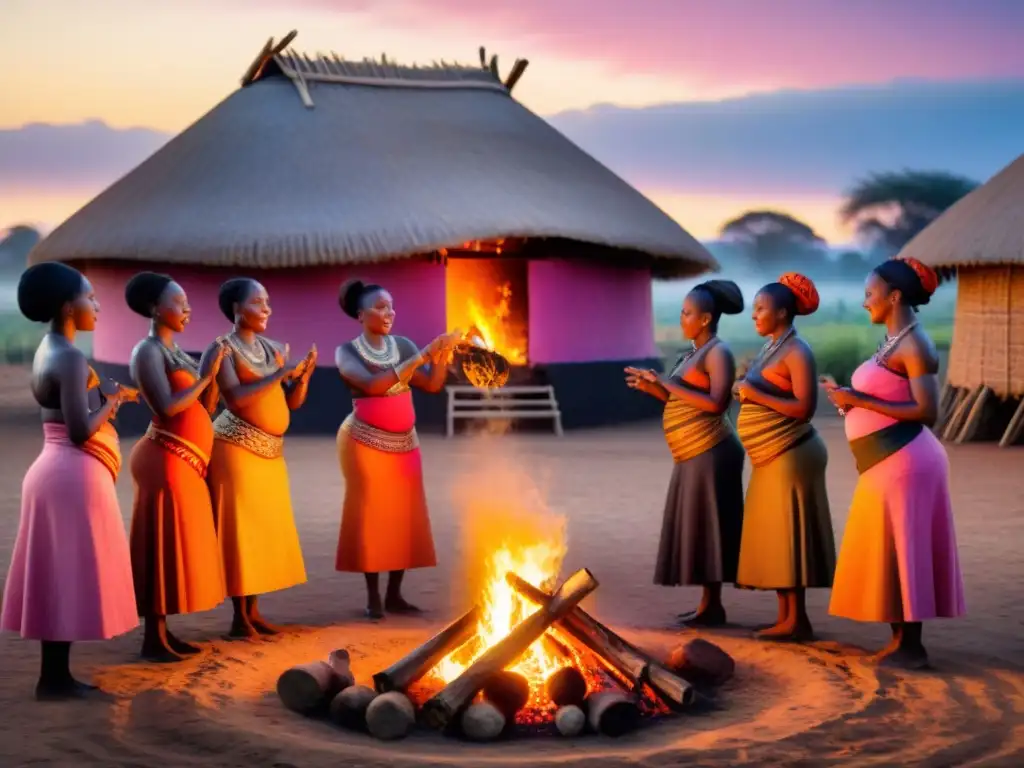 Mujeres en ritual de fertilidad en África, danzando alrededor de fogata al anochecer en aldea rural