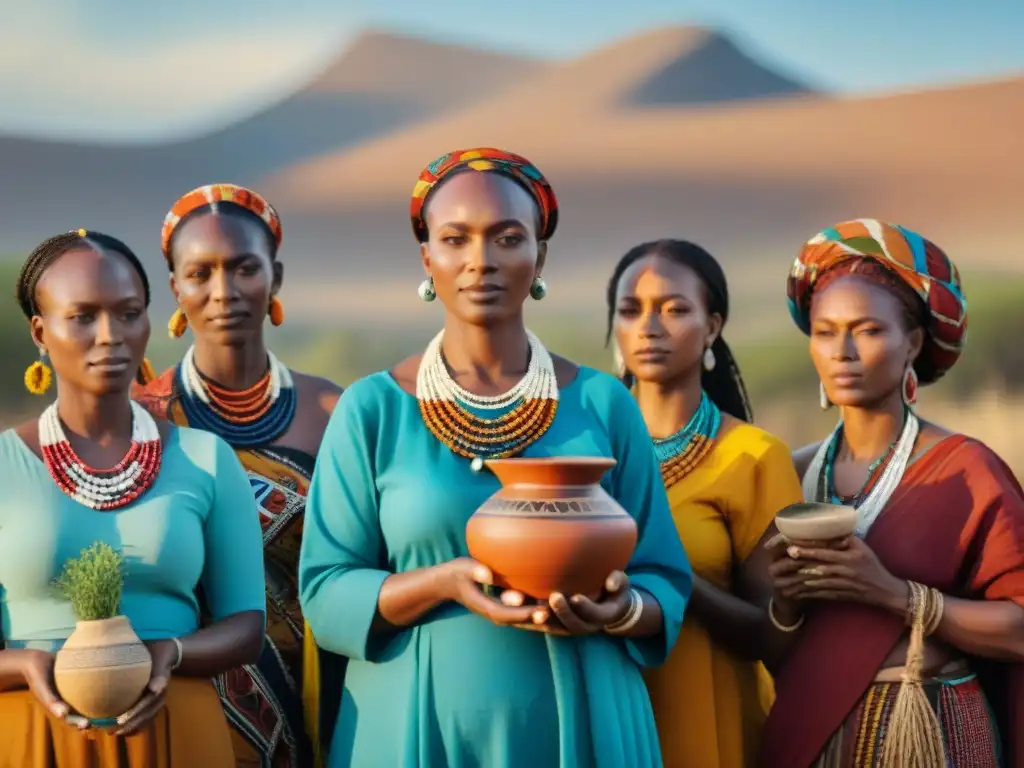 Mujeres en ritual de fertilidad en África, con símbolos tradicionales, bajo el sol africano brillante