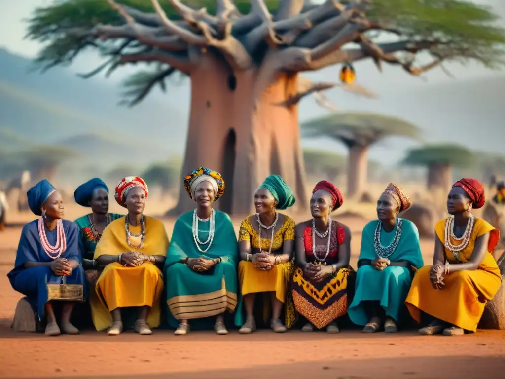 Mujeres sabias en una reunión política en una aldea africana bajo un baobab al atardecer