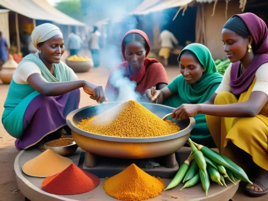 Mujeres sahelianas preparando thieboudienne en un mercado al aire libre