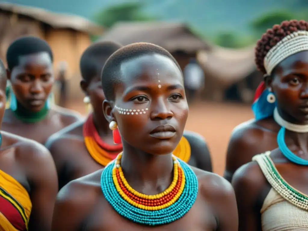 Mujeres Sande en ceremonia de iniciación con atuendos tradicionales y perlas, reflejando el poder y la cultura de las tribus africanas