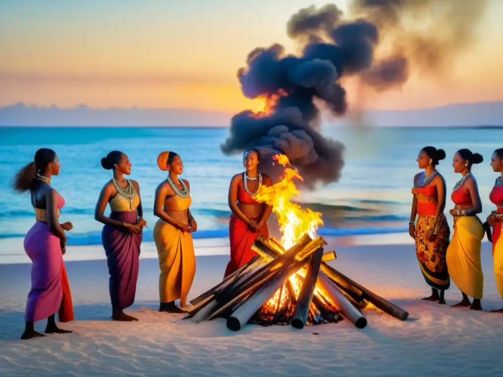 Mujeres swahili bailando alrededor de una fogata en la playa al atardecer en Zanzíbar