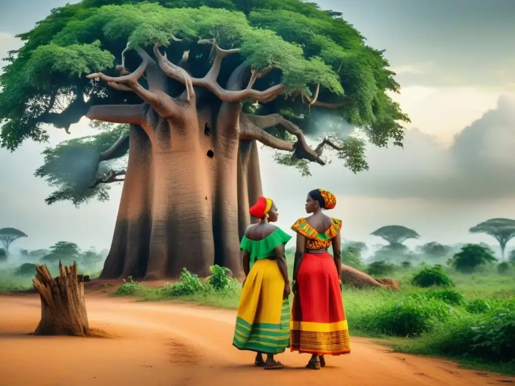 Mujeres togolesas en tradicionales vestimentas, escuchando historias de resistencia bajo el baobab