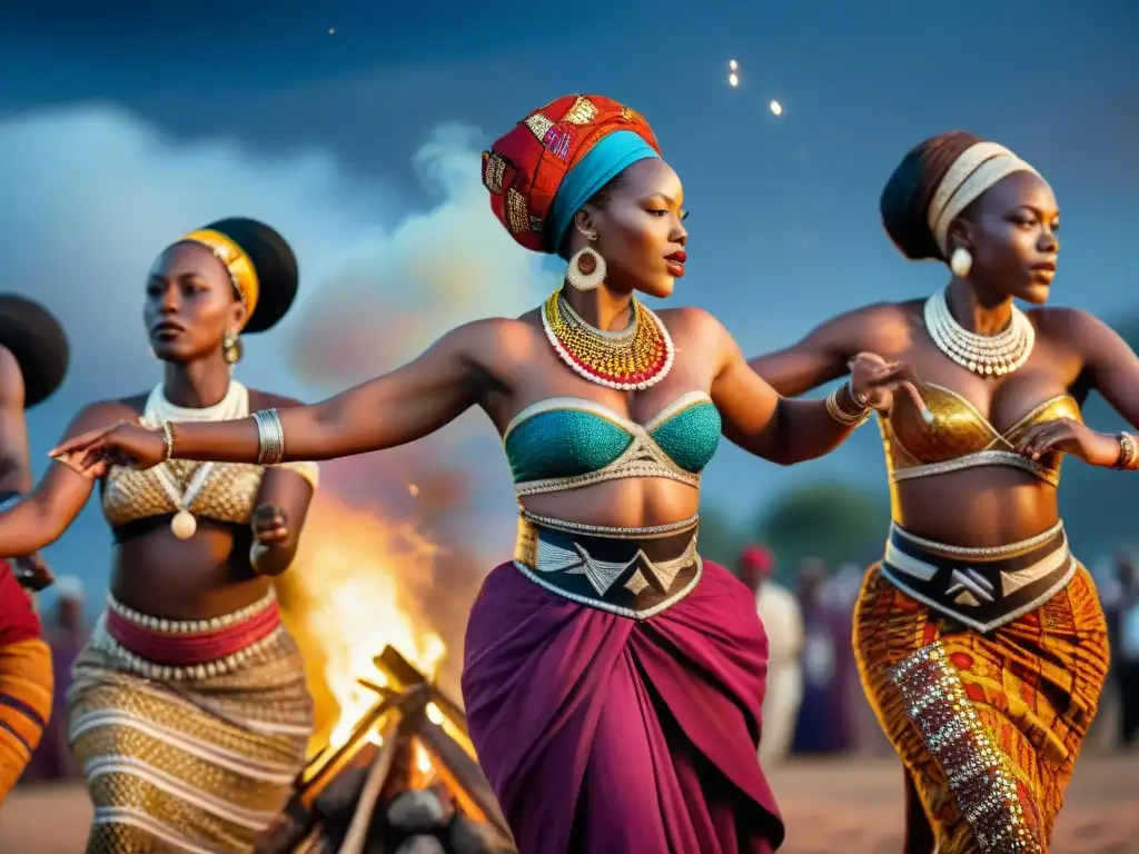 Mujeres en música tradicional africana danzando alrededor de una fogata bajo el cielo estrellado