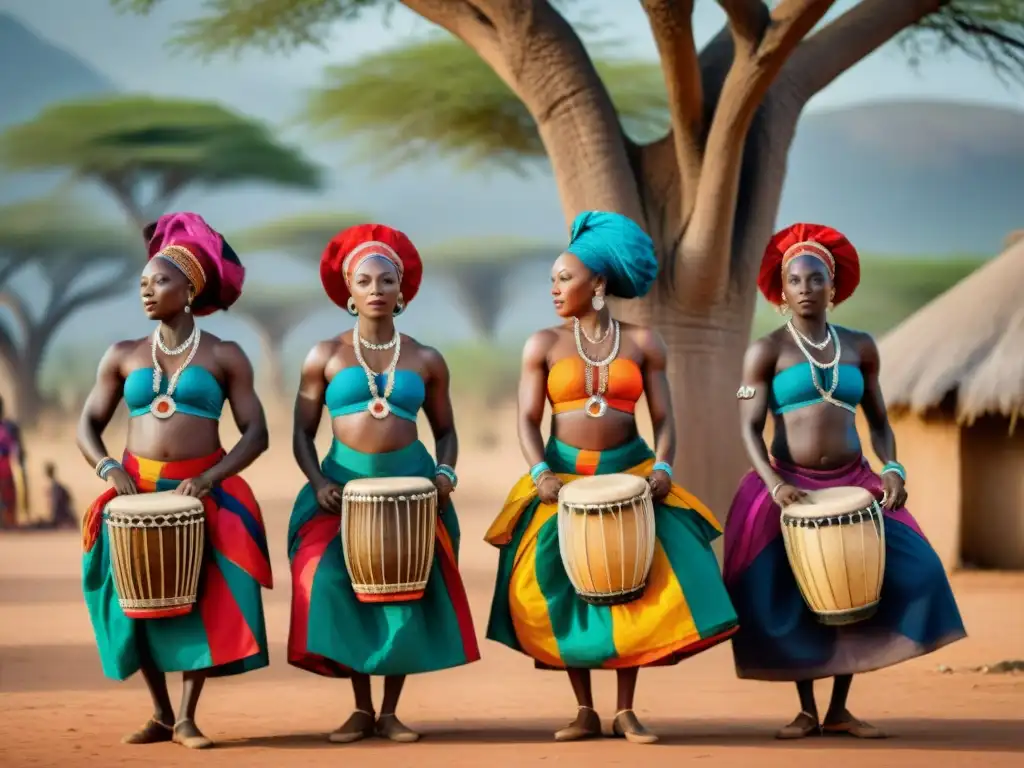 Mujeres en música tradicional africana bailando con gracia bajo un baobab en la aldea