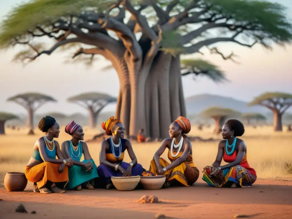 Mujeres en la conservación de tradiciones africanas: grupo animado bajo un Baobab, rodeadas de artefactos tradicionales al atardecer en la sabana