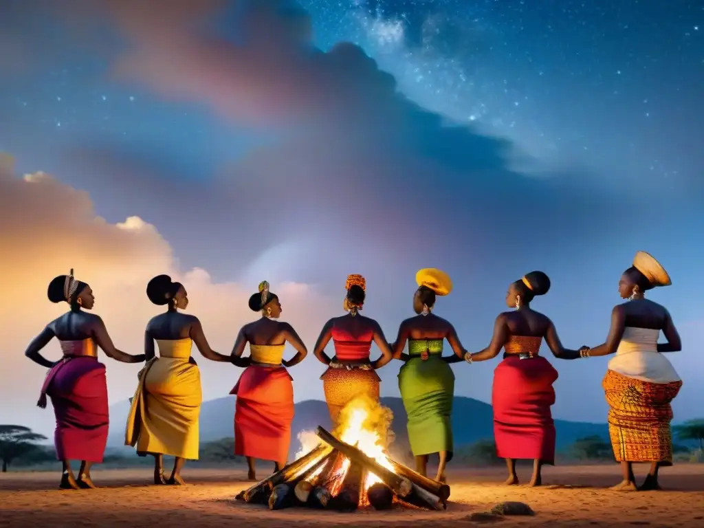 Mujeres en la conservación de tradiciones africanas: Grupo de mujeres danzando alrededor de una fogata bajo el cielo estrellado