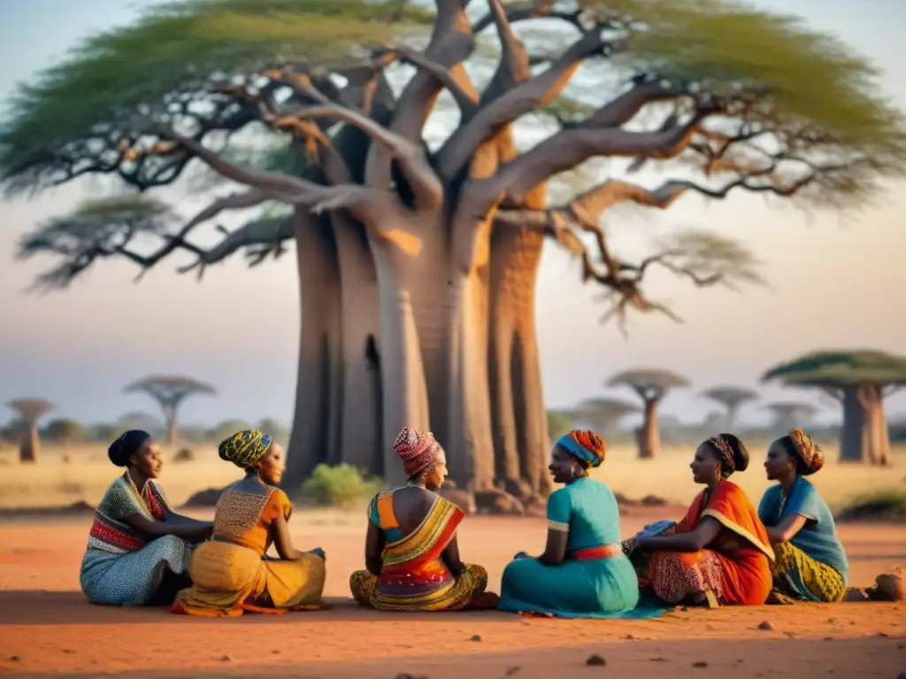 Mujeres en la conservación de tradiciones africanas: Mujeres africanas reunidas bajo un baobab, discutiendo con determinación y unidad