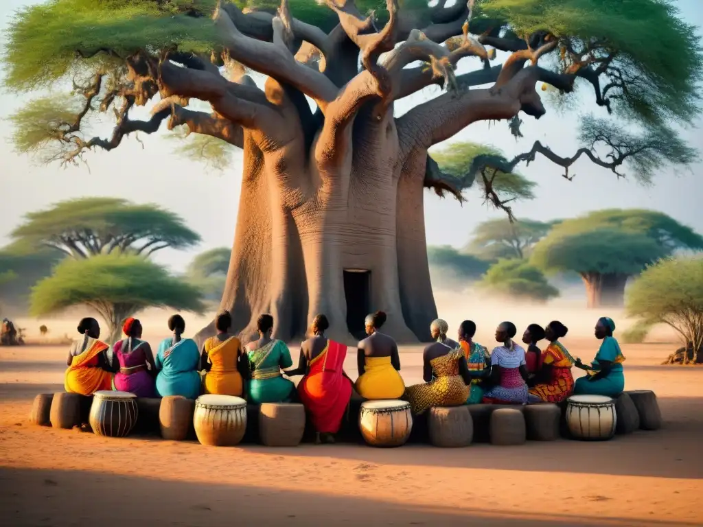 Mujeres en trajes africanos, tocando tambores y cantando bajo un baobab en una ceremonia sagrada en África