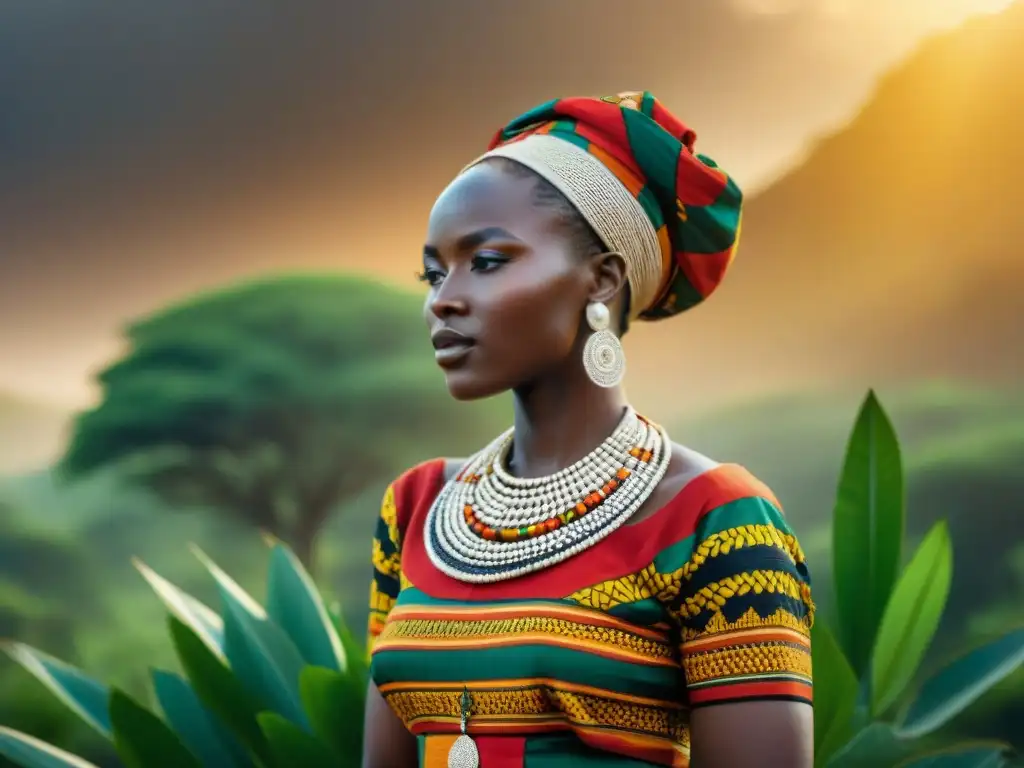 Mujeres en trajes africanos vibrantes, tejiendo símbolos ancestrales, rodeadas de naturaleza y luz solar