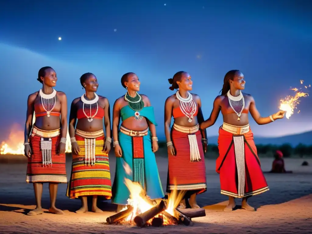 Mujeres de la tribu maasai en Kenia realizando un ritual de danza alrededor de una fogata bajo el cielo estrellado de África